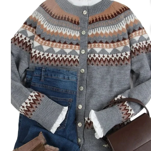 Gray Fair Isle Cardigan - Picture 1 of 7